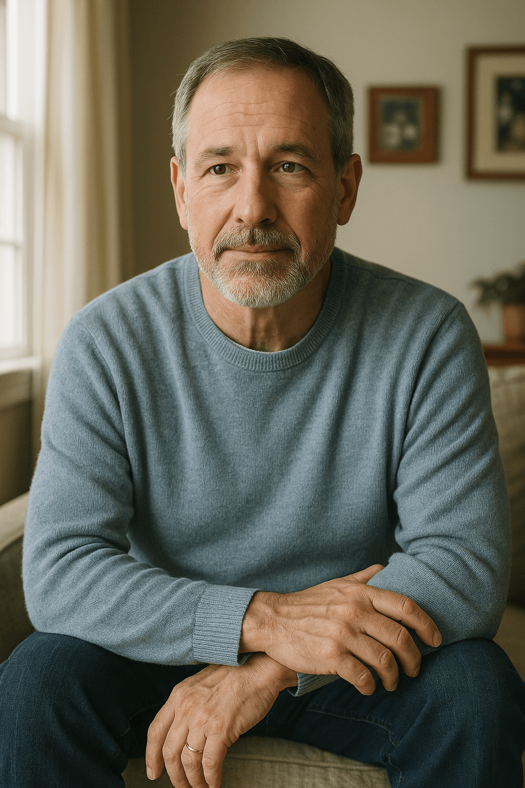Retiree smiling while holding a cup of coffee