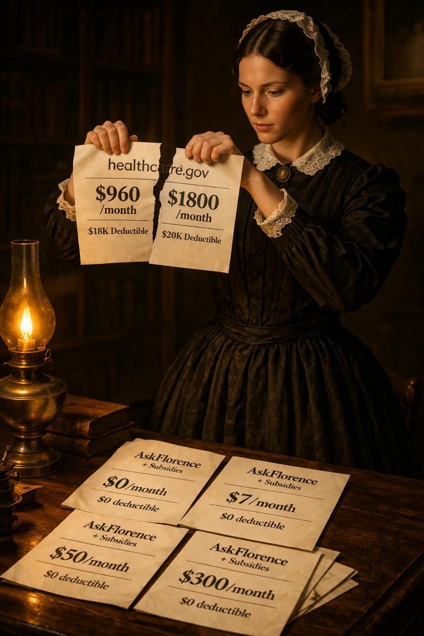 Editorial portrait of Florence Nightingale tearing up a Healthcare.gov pricing sheet beside AskFlorence subsidized plans